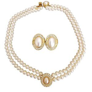 Vintage Double Strand Faux Pearl Necklace & Clip Earrings Set Rhinestone Gold